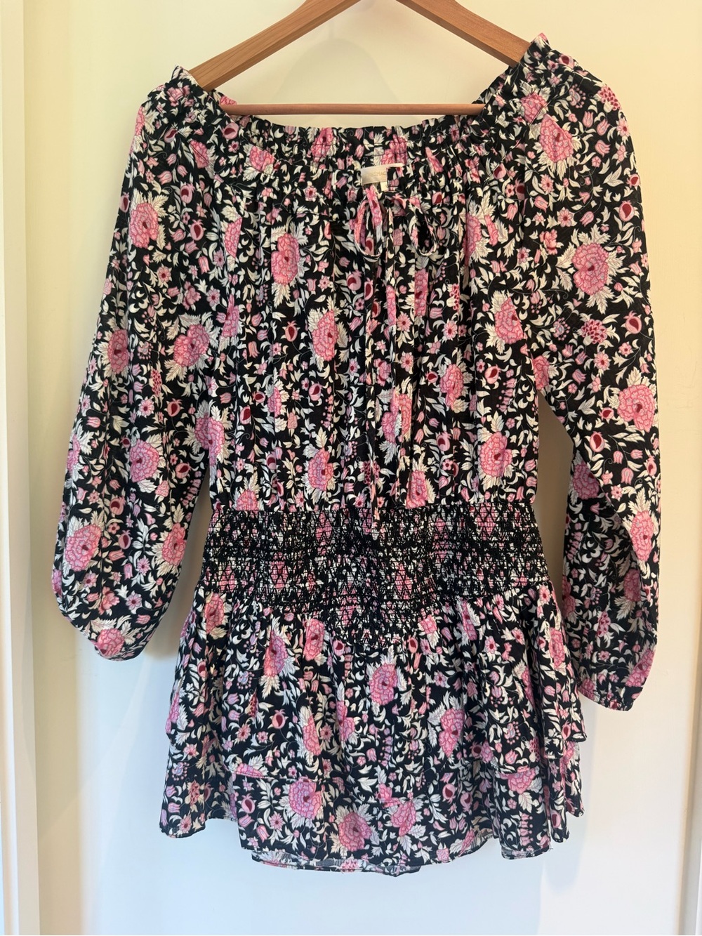LoveShackFancy Black Floral Off-Shoulder Top with Pink Roses